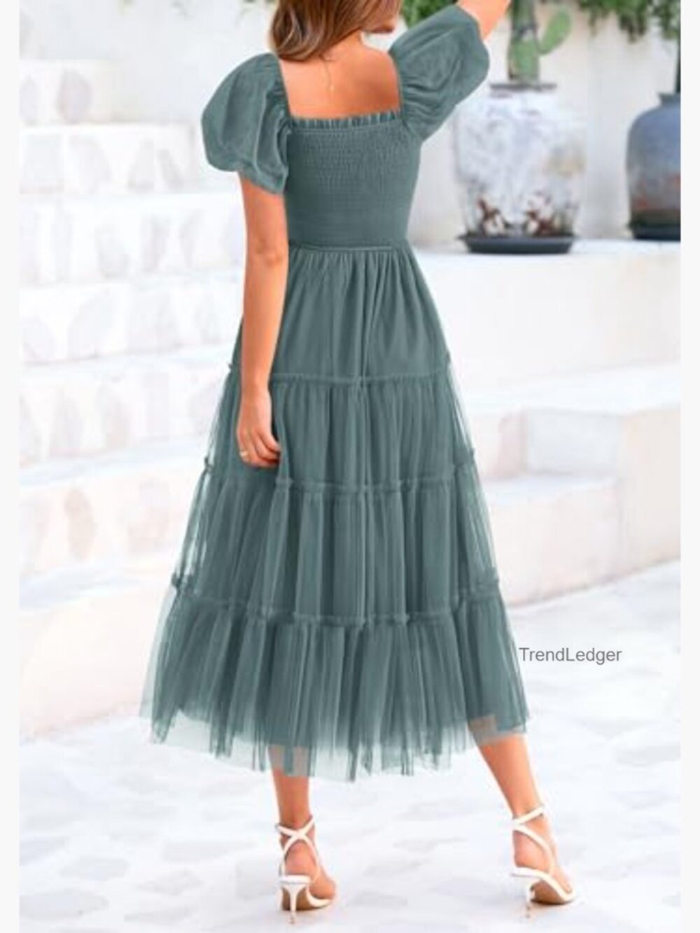 Smocked Midi Tulle Dress Puffy Sleeves Square Neck Wedding Guest Party - Picture 2 of 7